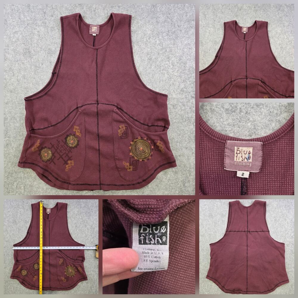 VTG Blue Fish Sweater Vest Womens 2 Purple Knit Graphic Pockets USA Boho Artsy